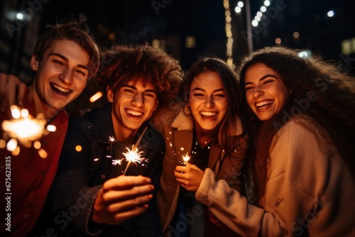 Group of friends having fun with fireworks celebrating Sylvester. Happy new year, party, holiday, celebration. Group of friends smiling with fireworks. New Year's countdown