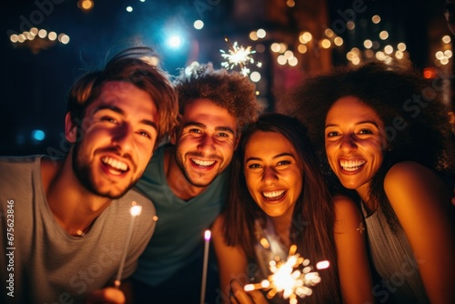 Group of friends having fun with fireworks celebrating Sylvester. Happy new year, party, holiday, celebration. Group of friends smiling with fireworks. New Year's countdown