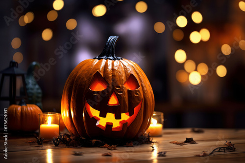 Wooden background featuring Halloween pumpkin, jack-o-lantern. Autumnal decor, spooky night. Cute smile, festive light. Candlelit fun. AI Generative brilliance.