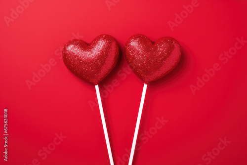 Sweet and colorful heart-shaped lollipops set against a red backdrop, perfect for adding love and flavor to your designs. AI Generative.