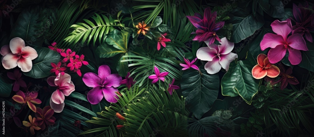 The abstract floral pattern on this summer background beautifully captures the essence of nature with vibrant flowers blooming against a backdrop of lush green trees and leaves creating a m The abstract floral pattern on this summer background beautifully captures the essence of nature with vibrant flowers blooming against a backdrop of lush green trees and leaves creating a m