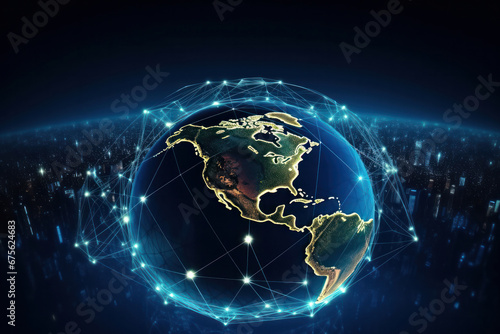 A space view of our planet  city lights shaping a connected map. An artistic representation of global technology  communication  and the World Wide Web. AI Generative.