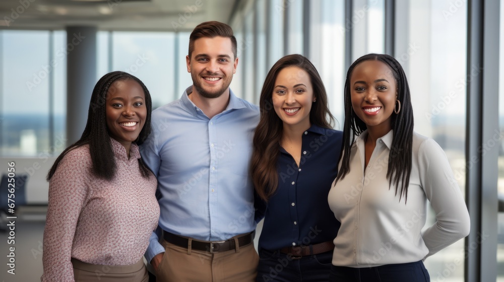 Portrait of successful creative business team looking at camera and smiling. Diverse business people standing together at startup. Portrait of successful creative business team looking at camera and smiling. Diverse business people standing together at startup.