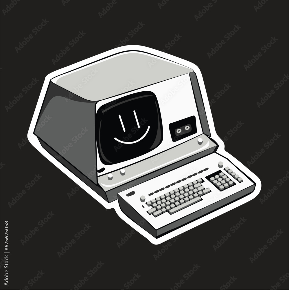 Back to 90s. Old retro fashioned vector computer. Nostalgia for 1990s. Hand drawing vector illustration. Retro sticker with computer Back to 90s. Old retro fashioned vector computer. Nostalgia for 1990s. Hand drawing vector illustration. Retro sticker with computer