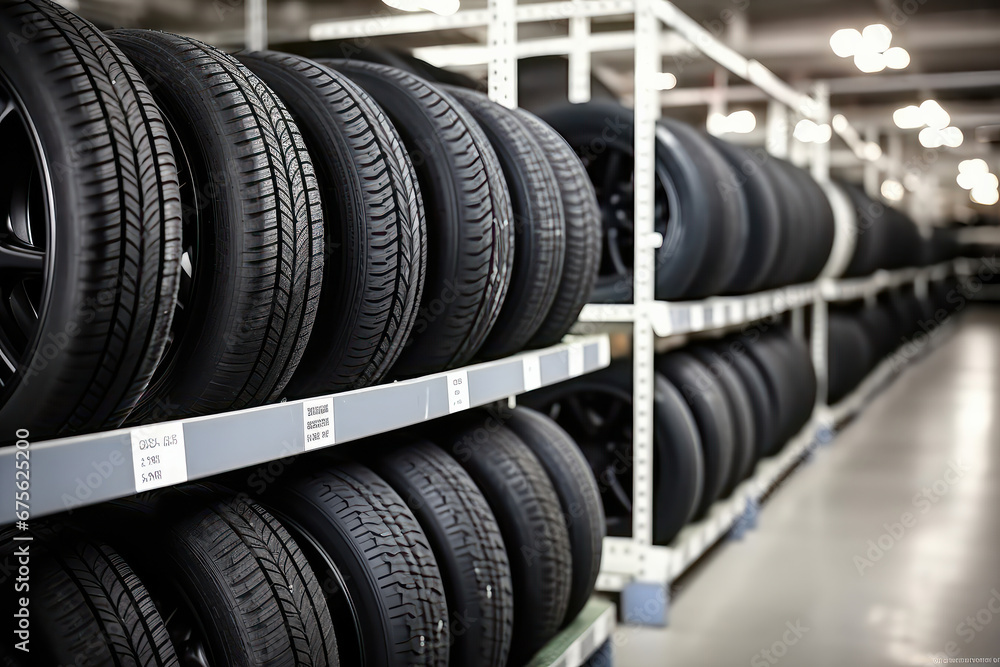 A wide variety of car tires on warehouse shelves, offering speed and convenience for vehicle owners. AI Generative. A wide variety of car tires on warehouse shelves, offering speed and convenience for vehicle owners. AI Generative.
