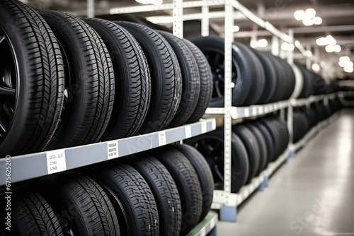 A wide variety of car tires on warehouse shelves  offering speed and convenience for vehicle owners. AI Generative.