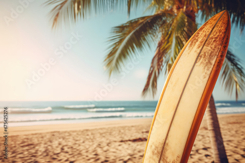 Tropical surf vibes - a surfboard and palm tree on a sunny beach, a perfect backdrop for a Pacific surf trip. AI Generative.