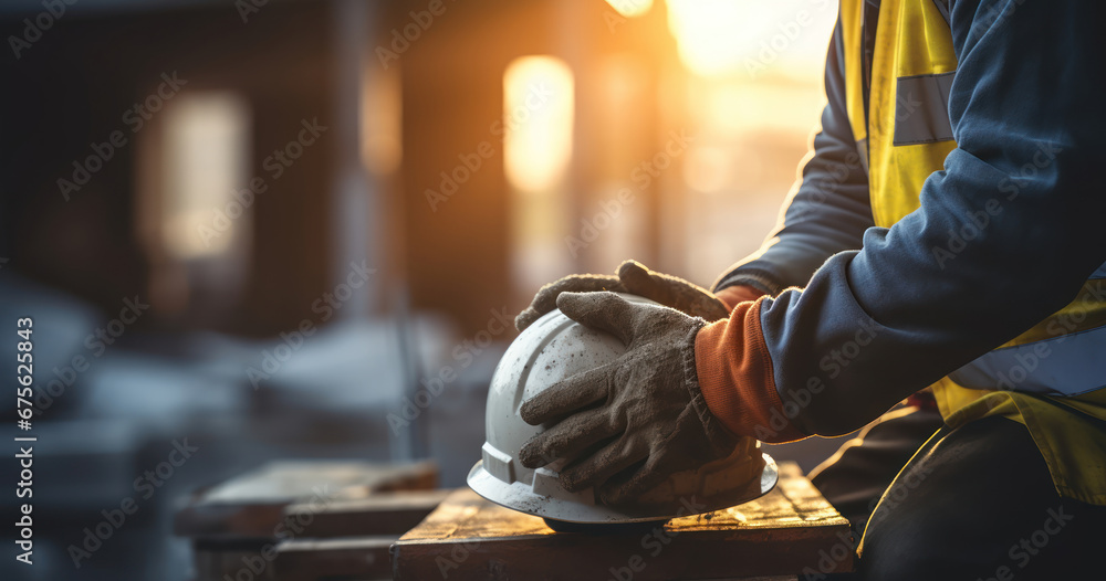 Worker's hands shape the building's future - obrazy, fototapety, plakaty 