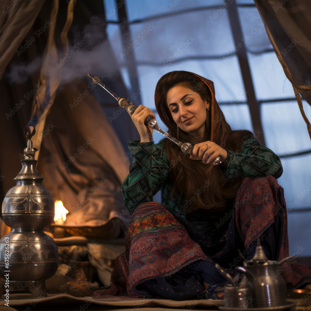 iran woman sitting on floor with hookah water pipe.