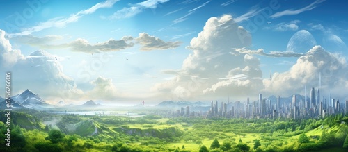 In the vintage city surrounded by lush green grass and towering buildings the spring sky reveals a breathtaking landscape of mountains forests and trees as the summer clouds float peacefull photo