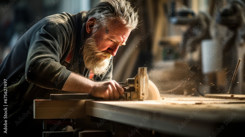 Carpenter is working in a wood factory, happy smiling carpenter Carpenter is working in a wood factory, happy smiling carpenter