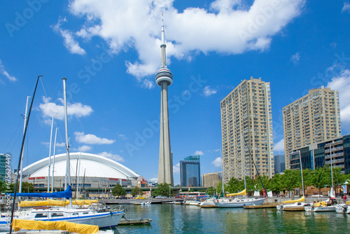 Photography Toronto Harbourfront marina with CN Tower and Rogers Centre