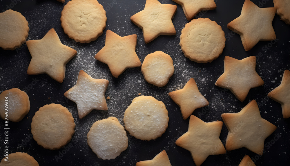 Baked star and classic shaped Majorcan crespells cookies with powdered icing sugar on black surface. Traditional Easter and Holy Week Mallorca gastronomy cooked sweet pastries, Balearic Islands. Baked star and classic shaped Majorcan crespells cookies with powdered icing sugar on black surface. Traditional Easter and Holy Week Mallorca gastronomy cooked sweet pastries, Balearic Islands.