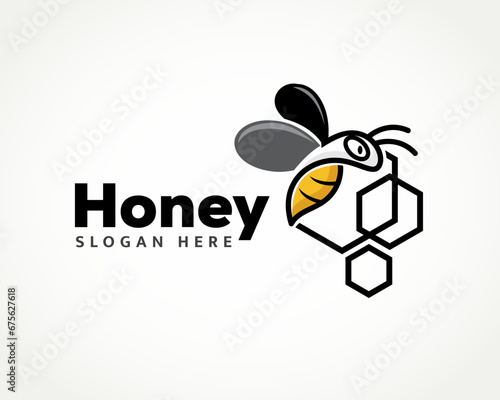 unique flying bee with hexagon logo deign template illustration inspiration