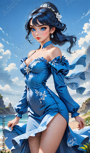 Illustration, Beautiful girl with dark hair in an elegant blue dress. ai generative