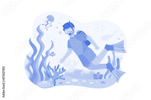 Boy Enjoying Scuba Diving Illustration concept En white background © freeslab