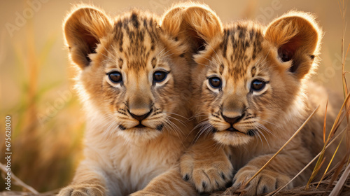 portrait of two cute lion cubs sitting close together in the African high grassland created with Generative AI Technology © AstraNova