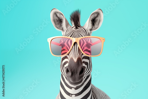 Zebra com óculos escuros coloridos isolada no fundo azul claro - Papel de parede criativo  photo