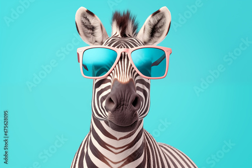 Zebra com óculos escuros coloridos isolada no fundo azul claro - Papel de parede criativo 