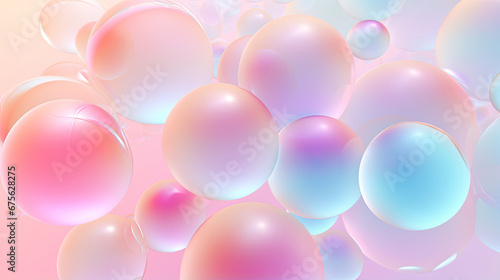 Transparent 3D small bubble ball spheres in gradient hologram light pastel color background created with Generative AI Technology