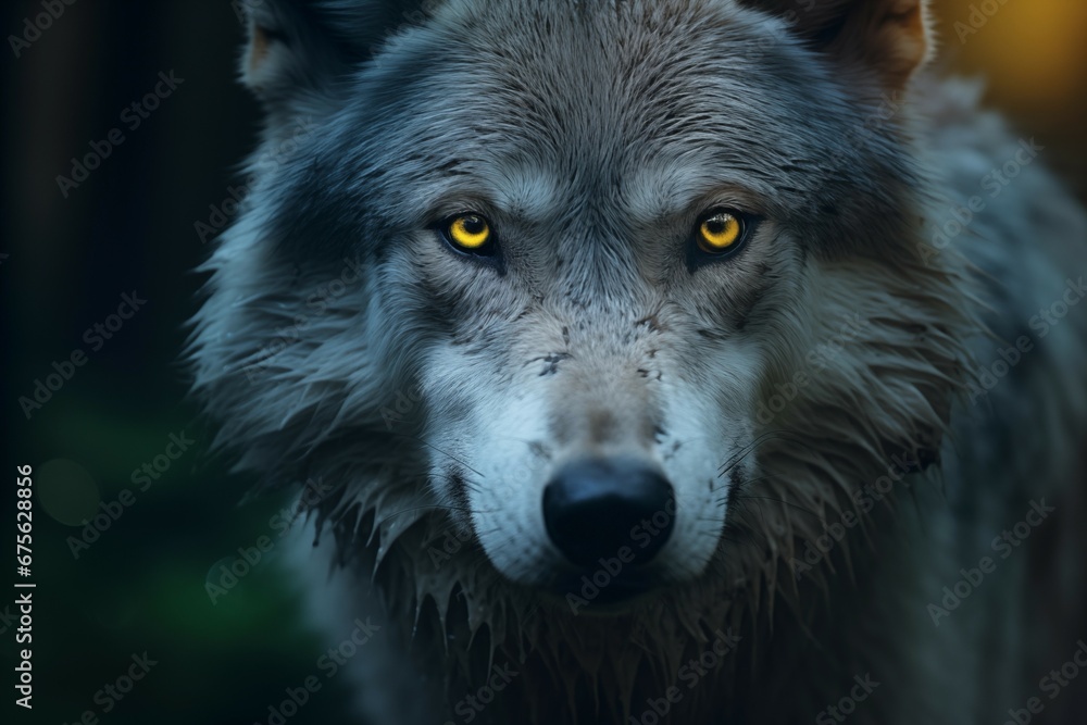 Lobo cinzento rosto na floresta escura - Papel de parede  - obrazy, fototapety, plakaty 