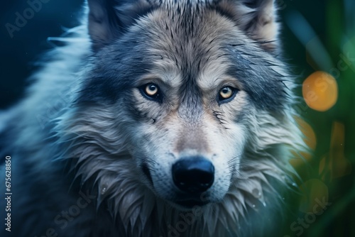 Lobo cinzento rosto na floresta escura - Papel de parede  © vitor
