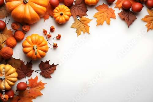 Autumn background with pumpkins and leaves on white marble table.