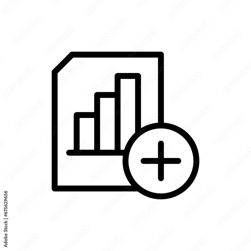 Add analysis report performance business icon with black outline style. report, analysis, data, chart, add, symbol, sign. Vector Illustration Add analysis report performance business icon with black outline style. report, analysis, data, chart, add, symbol, sign. Vector Illustration