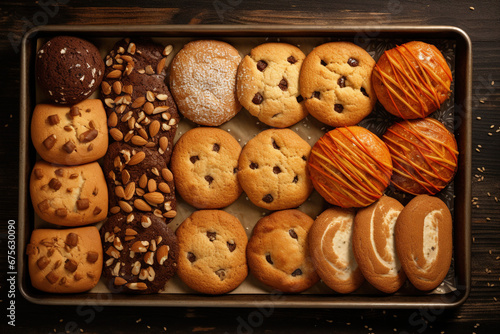 Close-up of biscuits or sweet cookies in a tray in top view