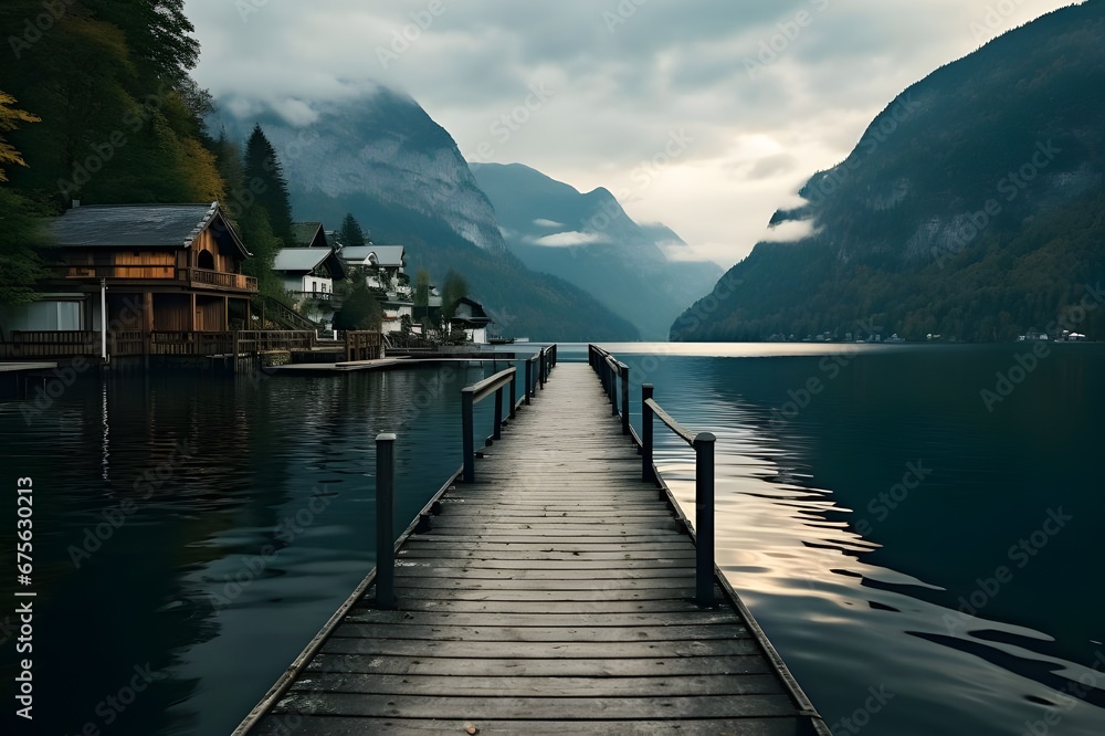 Hallstatt lake in the Austrian Alps with a wooden jetty.