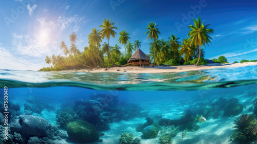 Beautiful Half undersea turtles fish coral reef and half above tropical island clear light blue water palm trees  sky  sunlight created with Generative AI Technology