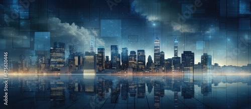 The abstract background pattern in the office represents the business concept of finance with a textured sky scene depicting a city under construction illuminated by the light from the build