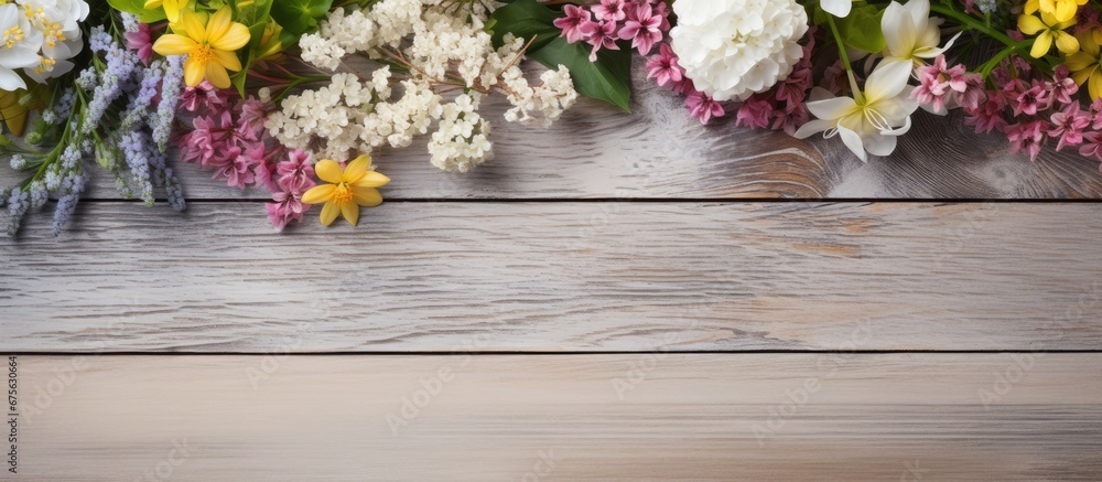 The white floral design on the table combines elements of summer nature and the beauty of spring with a background of wood creating a concept that embodies the colorful and vibrant essence 