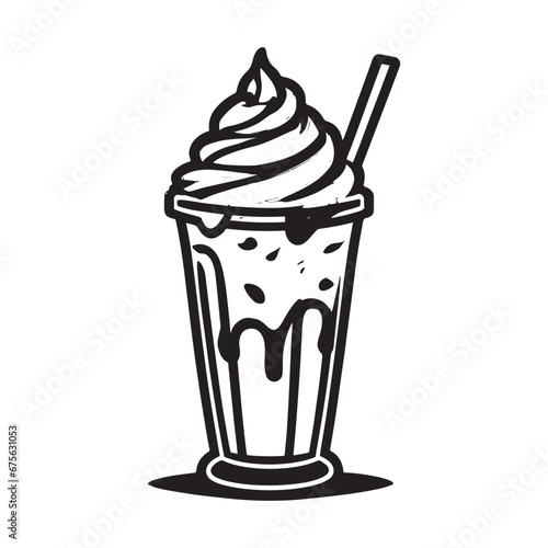 hand drawn illustration of creamy milkshake served on the glass with ice cream