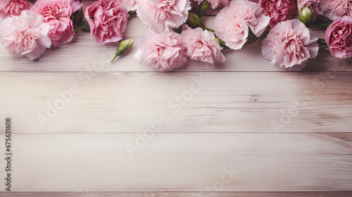 Fresh blooming pink Carnations spring flower background on soft gray vintage wooden background with empty space created with Generative AI Technology  © AstraNova
