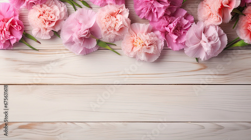 Fresh blooming pink Carnations spring flower background on soft gray vintage wooden background with empty space created with Generative AI Technology 