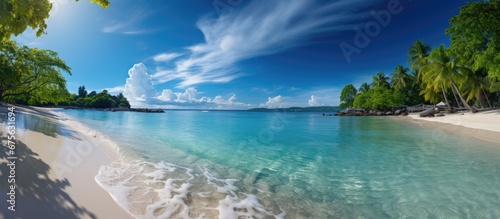 The stunning landscape of the beach with its white sand crystal clear waters and lush trees against the backdrop of a summer sky filled with fluffy white clouds creates a mesmerizing backgro