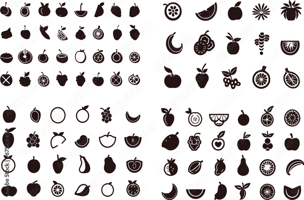 Fruits in silhouette style. Food vector, sticker, solid black silhouette image on white background,