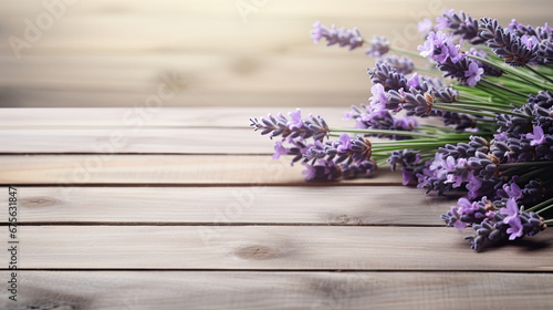 Spring floral background Fresh blooming purple Lavender flowers on soft gray wooden table with empty space for text created with Generative AI Technology