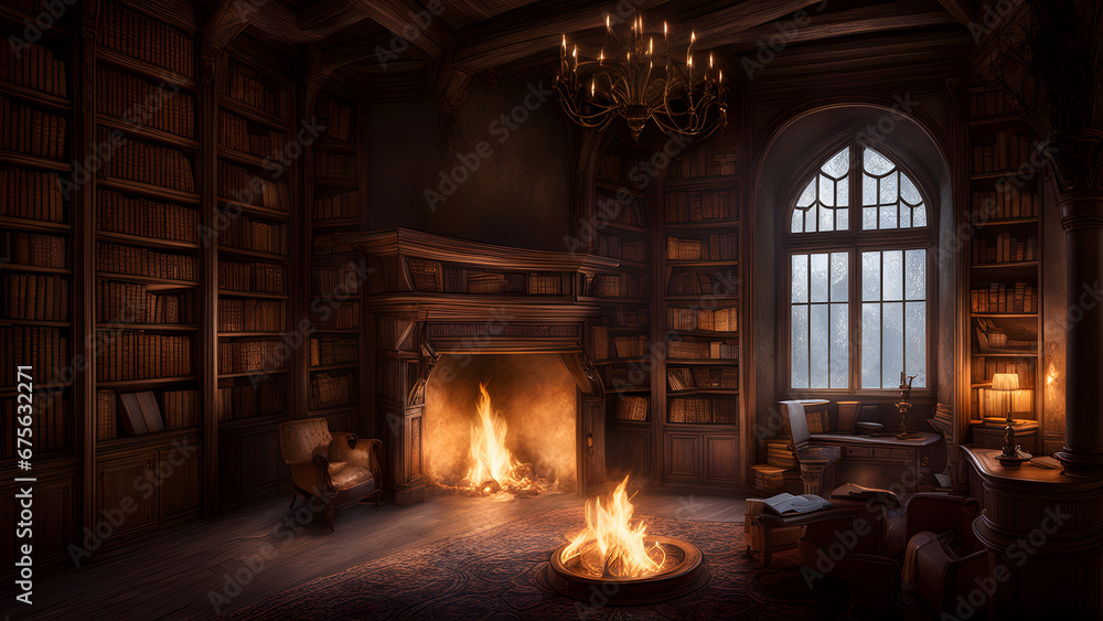 A cozy, dimly lit library in an old castle, with dusty books lining the shelves and a crackling fireplace
