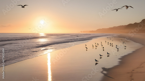 A tranquil beach at sunrise, with the waves gently lapping the shore and seagulls in the distance © AI By Ibraheem
