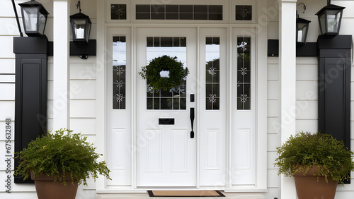 White front door with small square decorative windows and flower pots