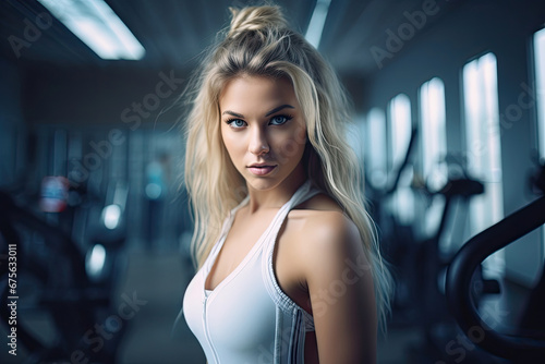 young blonde woman model wearing sportswear practicing fitness spinning in the gym with beautiful bokeh created with Generative AI Technology