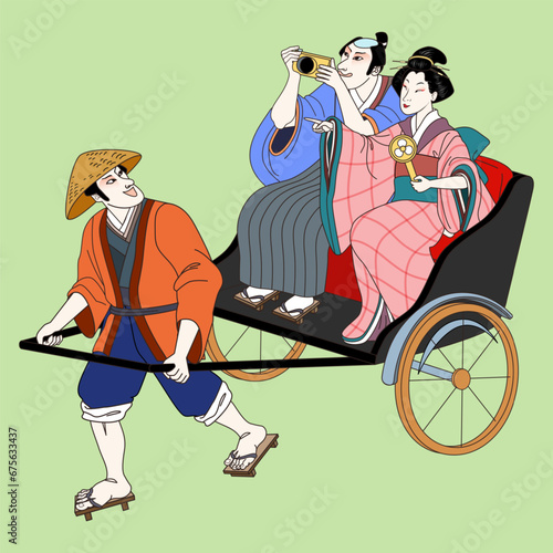 Ukiyo e style people on rickshaw