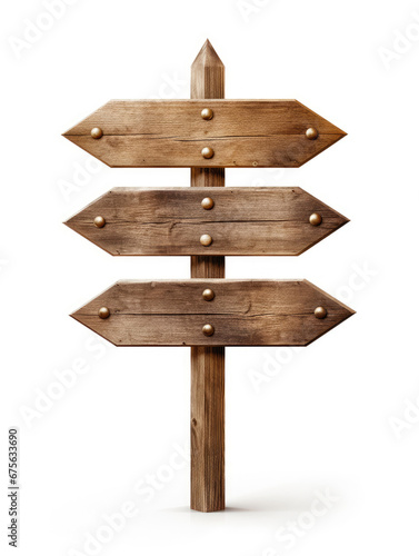wooden signboard post with three arrows pointing in different directions Isolated on a white background created with Generative AI Technology