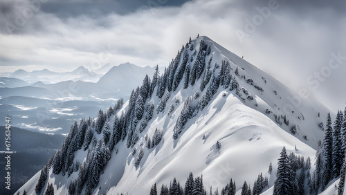 A mountain peak during a snowstorm, with snowflakes swirling in the air and a view that stretches for miles. © AI By Ibraheem