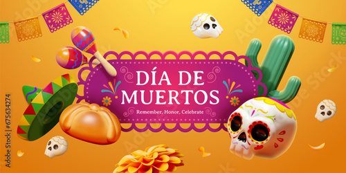 3D yellow day of the dead banner