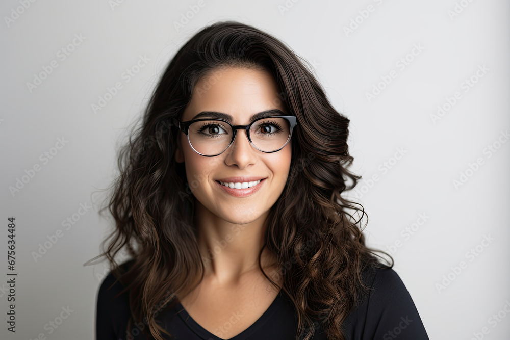 portrait of a smart middle-aged beautiful business woman with long black hair wearing glasses on a white background portrait of a smart middle-aged beautiful business woman with long black hair wearing glasses on a white background