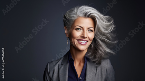 Graceful smiling middle aged caucasian business woman model with gray hair and wearing modern blue gray woolen clothes on dark background created with Generative AI Technology