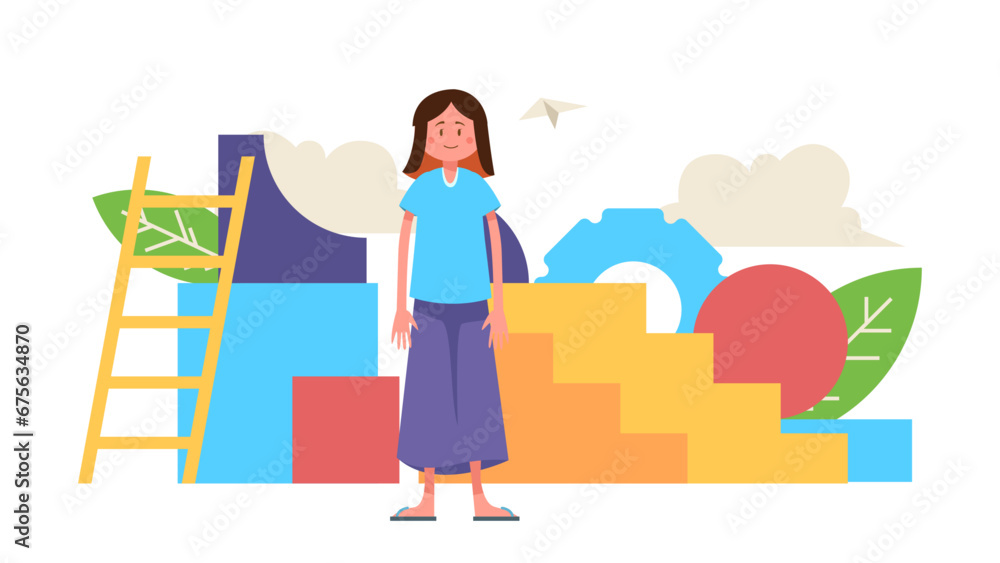 A cute girl standing in front of big staircase and shapes background A cute girl standing in front of big staircase and shapes background
